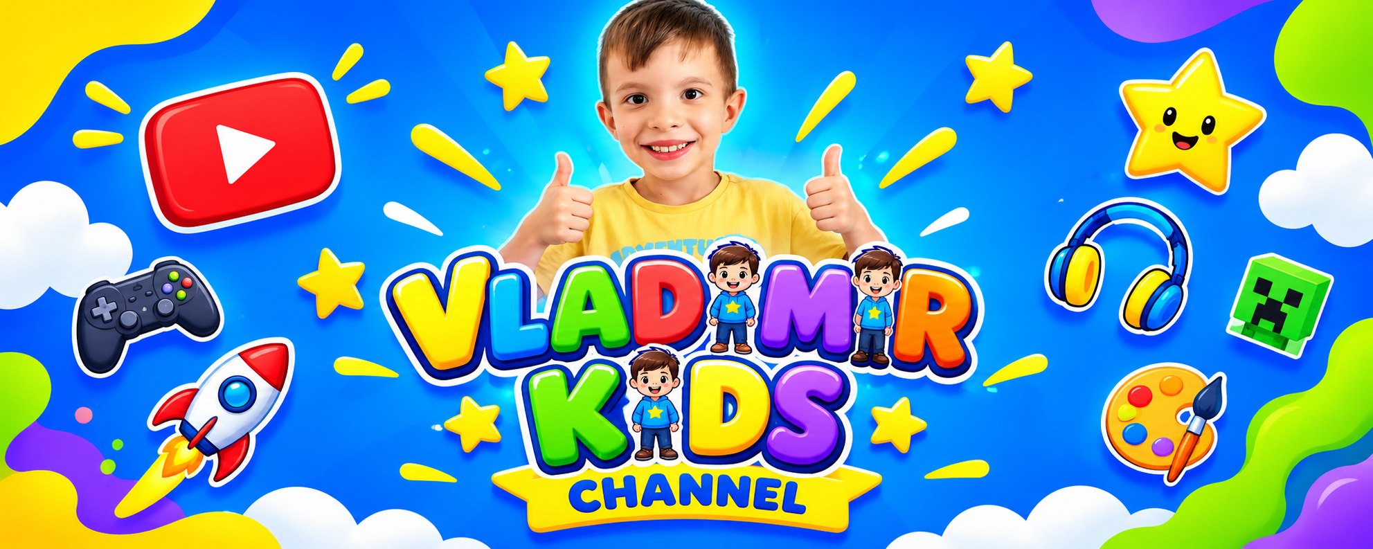 Vladimir Kids Channel – dečak sa podignutim palčevima, zvezde, raketa i YouTube znak